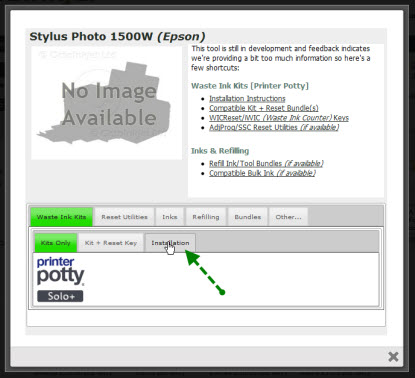 Select the "Installation" tab (under the "Waste ink kits" parent tab)